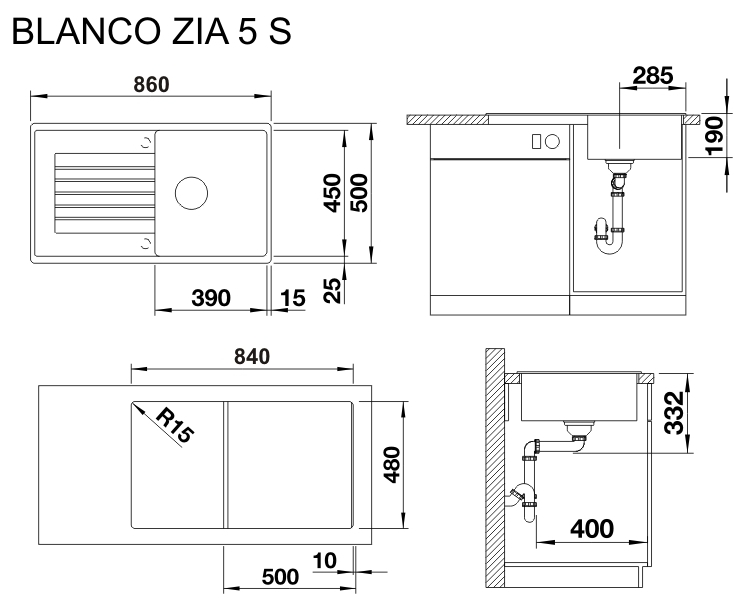 Blanco Zia 5 S (527204) Ніжний білий Габаритні розміри