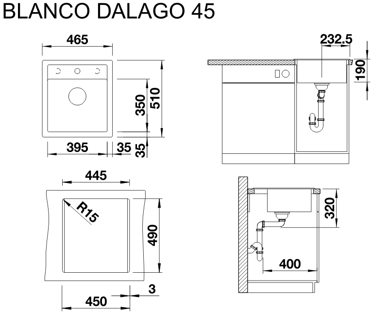 Blanco Dalago 45 (525869) Черный Габаритные размеры
