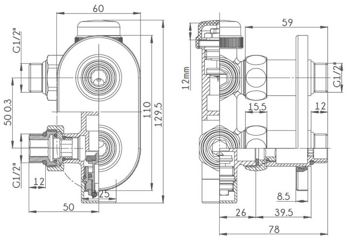 Ideale Duo 1/2”x1/2” антрацит Габаритные размеры
