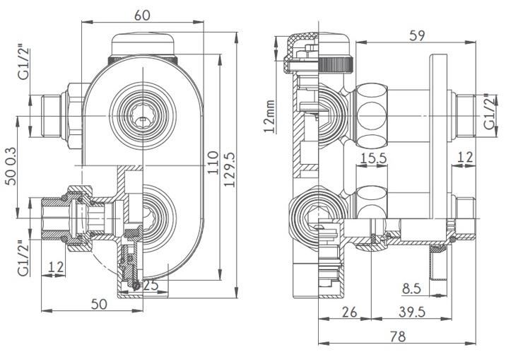 Ideale Duo 1/2”x1/2” черный Габаритные размеры