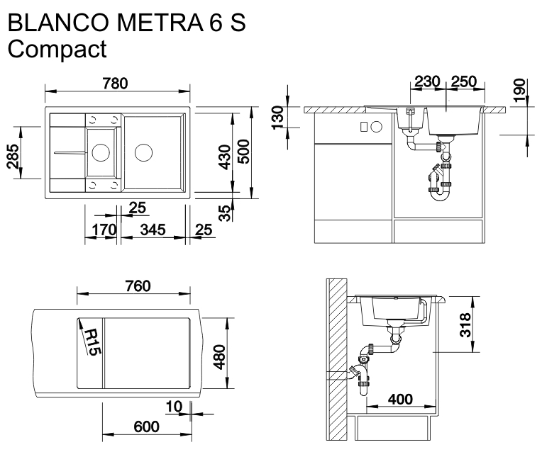Blanco Metra 6S Compact (513473) Антрацит Габаритные размеры