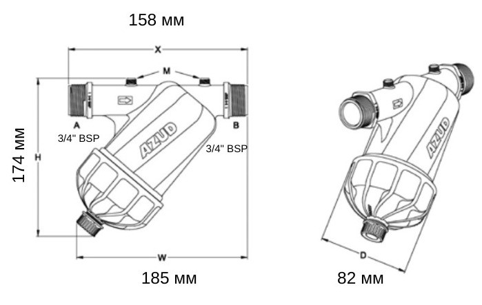Azud 3/4" Габаритні розміри