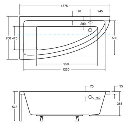 Besco Praktika 140x70 (WAP-140-NL) левая Габаритные размеры