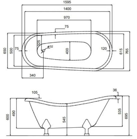 Besco Otylia 170x77 (OT-170-BI-O) Габаритные размеры