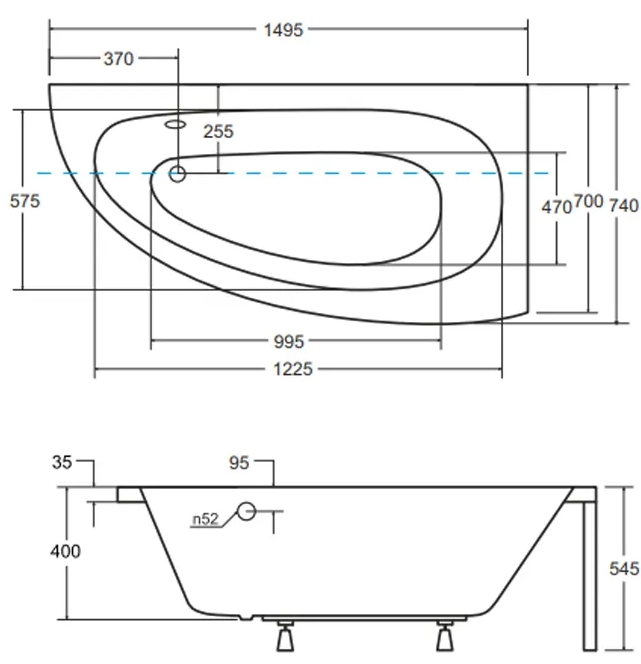 Besco Milena 150x70 (WAM-150-NP) права Габаритні розміри