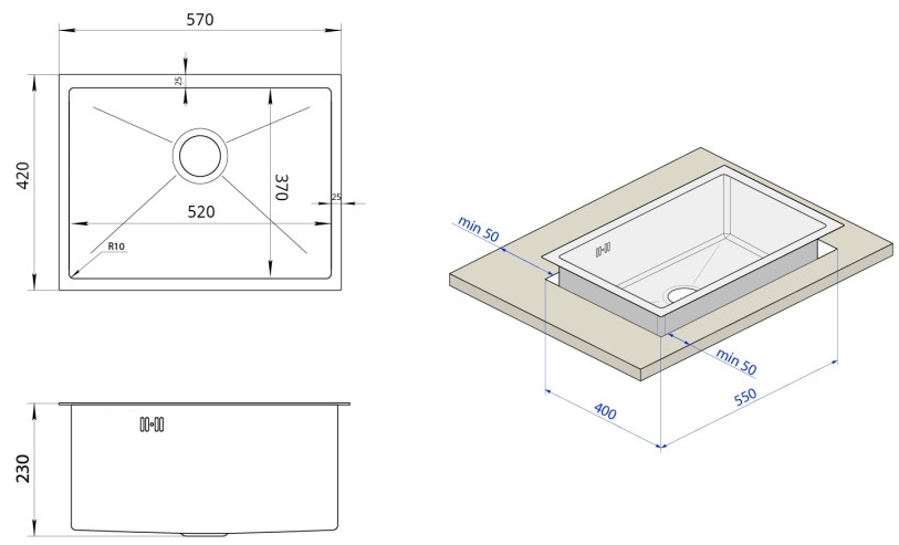 Nett NW-5742 з нержавійки 1 мм Габаритні розміри
