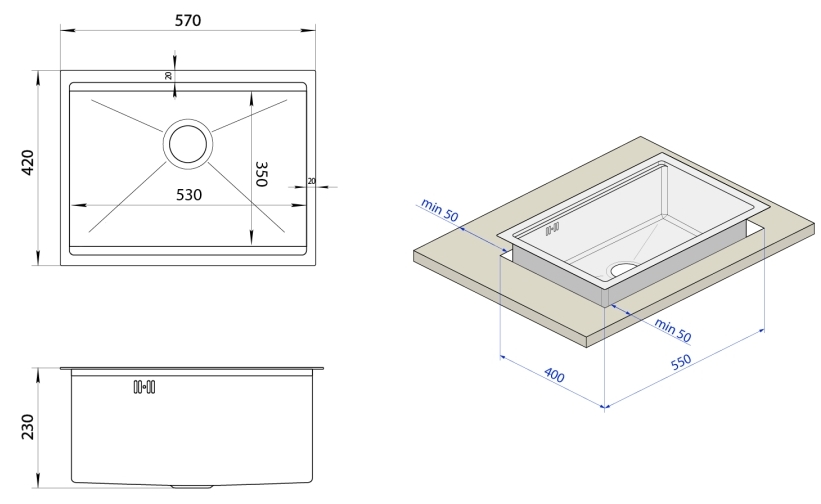Nett NW-5742 с нержавейки 1.5 мм Габаритные размеры