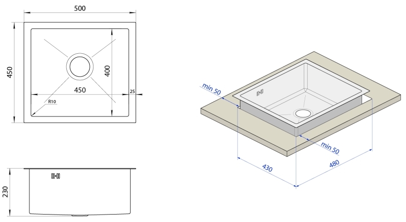 Nett NW-5045 с нержавейки 1.5 мм Габаритные размеры