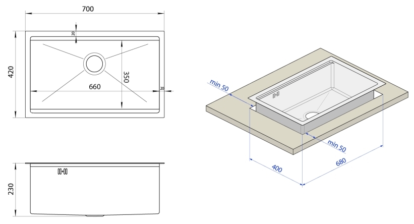 Nett NW-7042 с нержавейки 1.5 мм Габаритные размеры