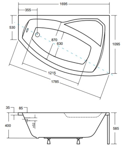 Besco Rima 170x110 (WAR-170-NP) правая Габаритные размеры