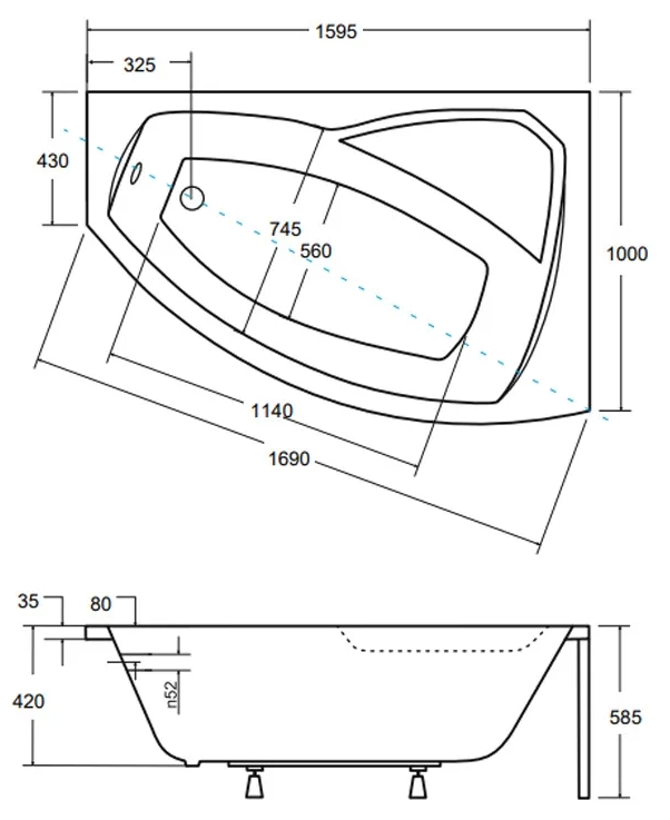 Besco Rima 160x100 (WAR-160-NP) правая Габаритные размеры