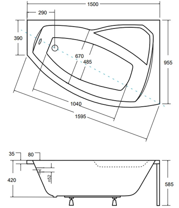 Besco Rima 150x95 (WAR-150-NP) правая Габаритные размеры