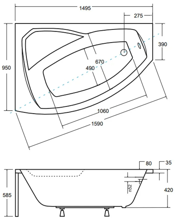 Besco Rima 150x95 (WAR-150-NL) левая Габаритные размеры