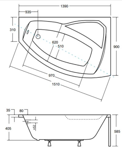 Besco Rima 140x90 (WAR-140-NP) правая Габаритные размеры