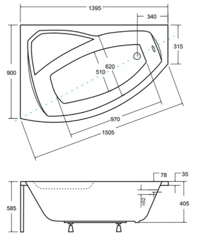 Besco Rima 140x90 (WAR-140-NL) левая Габаритные размеры