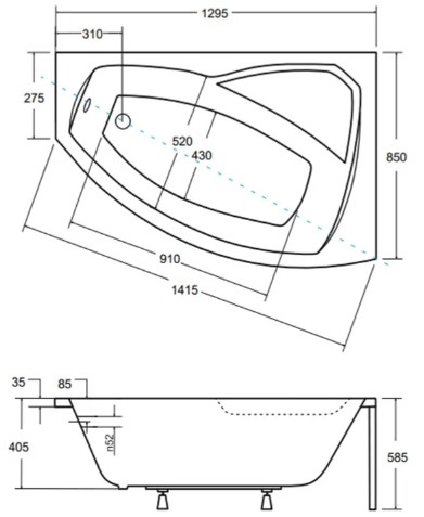 Besco Rima 130x85 (WAR-130-NP) правая Габаритные размеры