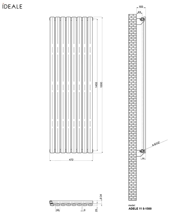 Ideale Adele 11 8/1500/472 антрацит (боковое подключение) Габаритные размеры