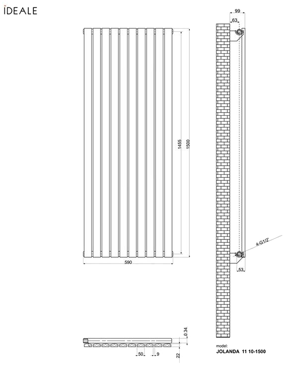 Ideale Jolanda 11 10/1500/590 антрацит Габаритные размеры