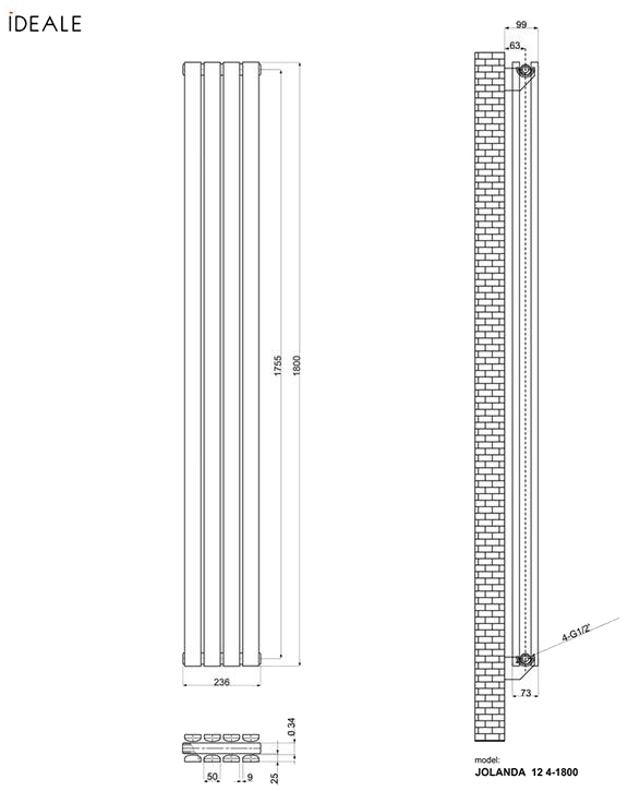 Ideale Jolanda 12 4/1800/236 черный (боковое подключение) Габаритные размеры