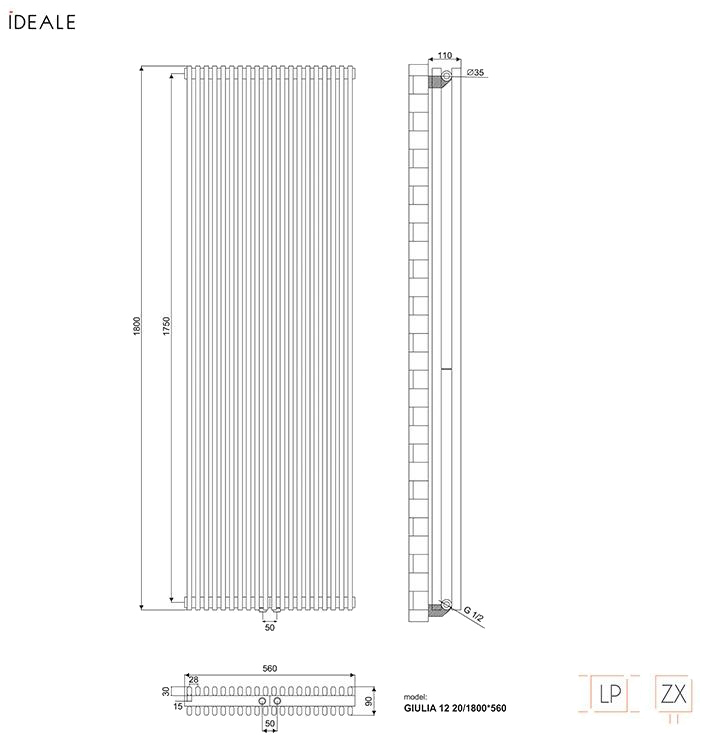 Ideale Giulia 12 20/1800/560 белый Габаритные размеры