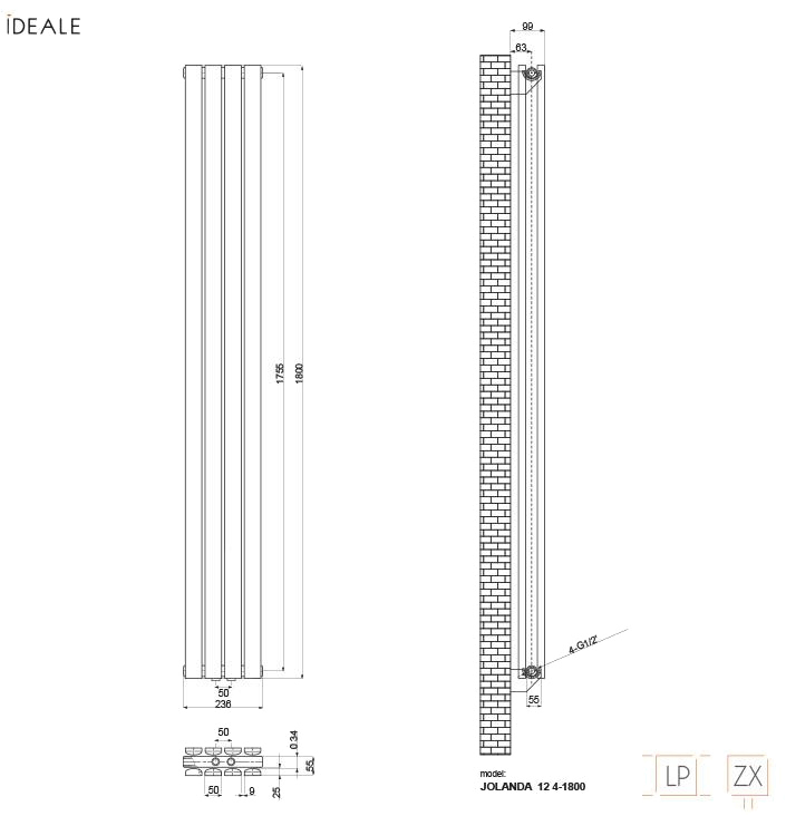 Ideale Jolanda 12 4/1800/236 белый Габаритные размеры