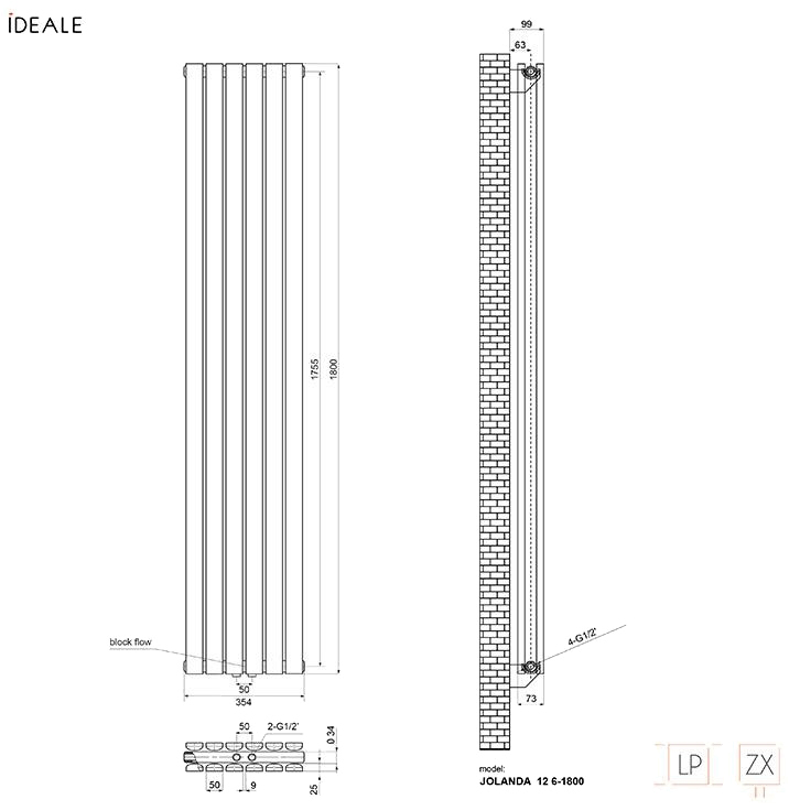 Ideale Jolanda 12 6/1800/354 белый Габаритные размеры