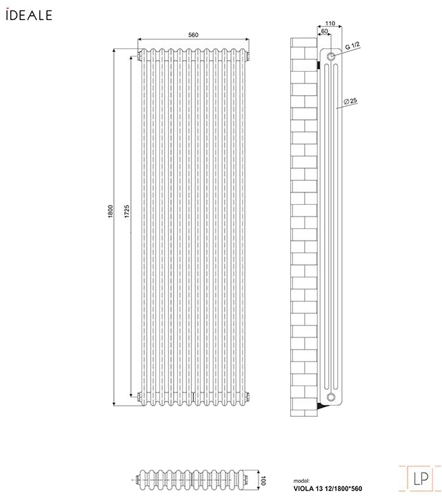 Ideale Viola 13 12/1800/560 белый Габаритные размеры