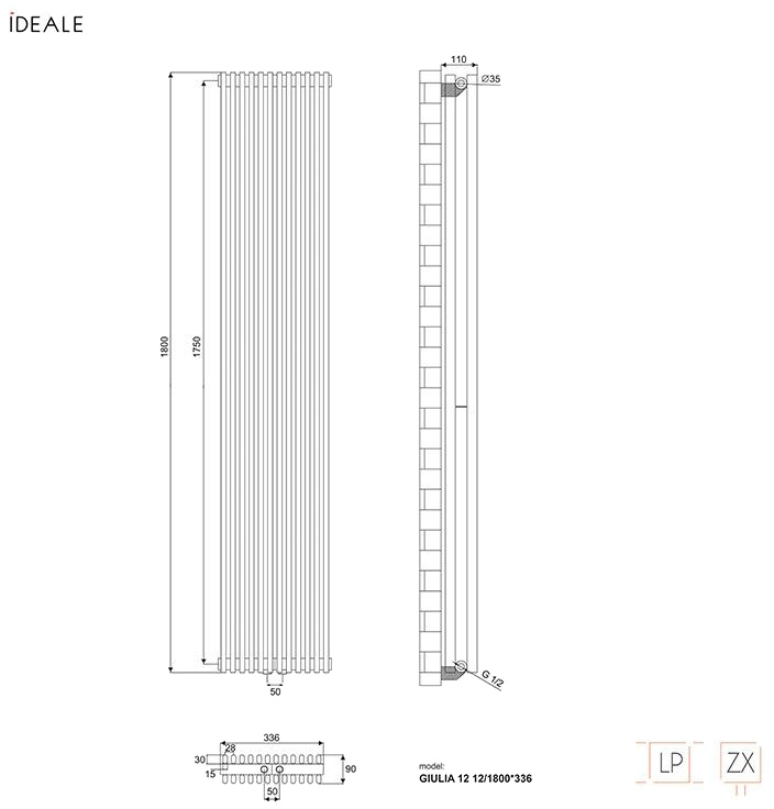 Ideale Giulia 12 12/1800/336 антрацит Габаритные размеры