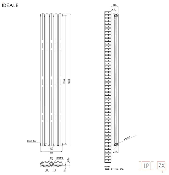 Ideale Adele 12 5/1800/295 белый Габаритные размеры