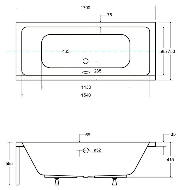 Besco Quadro 170x75 (WAQ-170-PK) Габаритные размеры