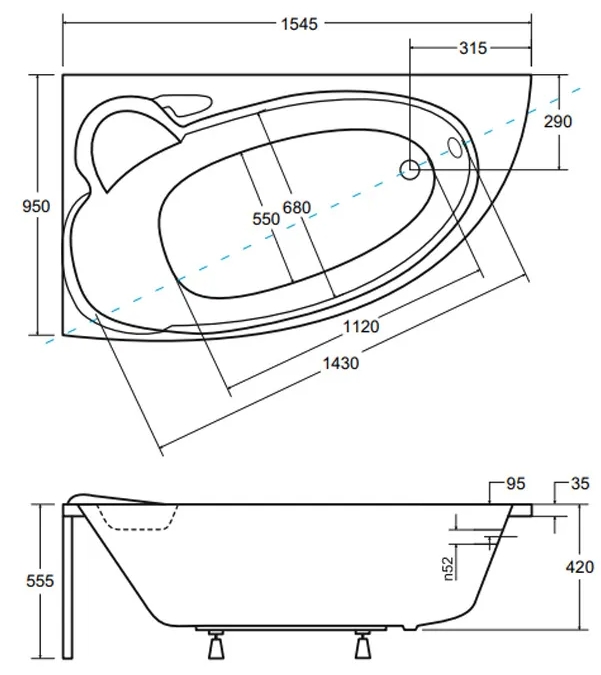 Besco Wenus Finezja Nova 155x95 (WAF-155-NL) ліва Габаритні розміри