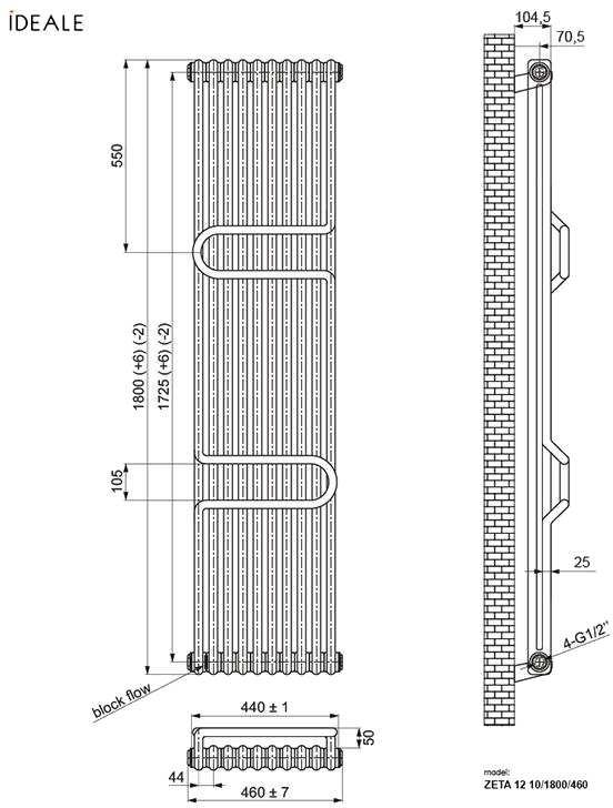 Ideale Zeta 12 10/1800/460 антрацит Габаритные размеры