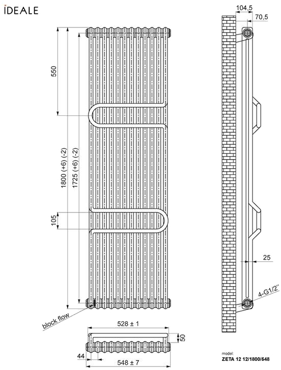 Ideale Zeta 12 12/1800/548 черный Габаритные размеры