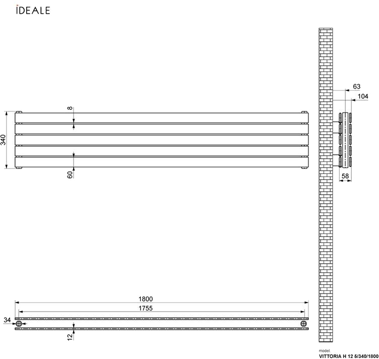Ideale Vittoria H 12 5/340/1800 антрацит Габаритні розміри