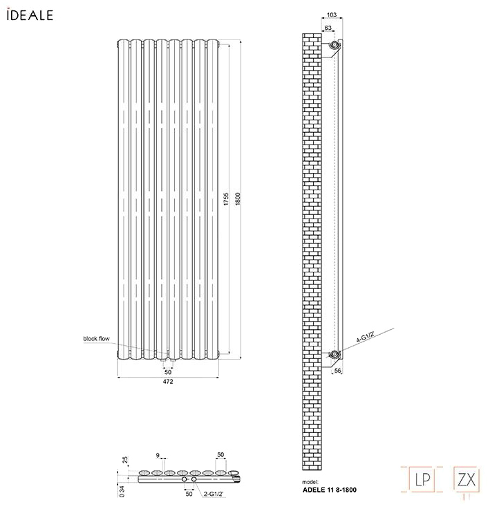 Ideale Adele 11 8/1800/472 белый Габаритные размеры