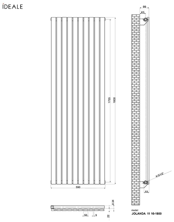Ideale Jolanda 11 10/1800/590 черный (боковое подключение) Габаритные размеры