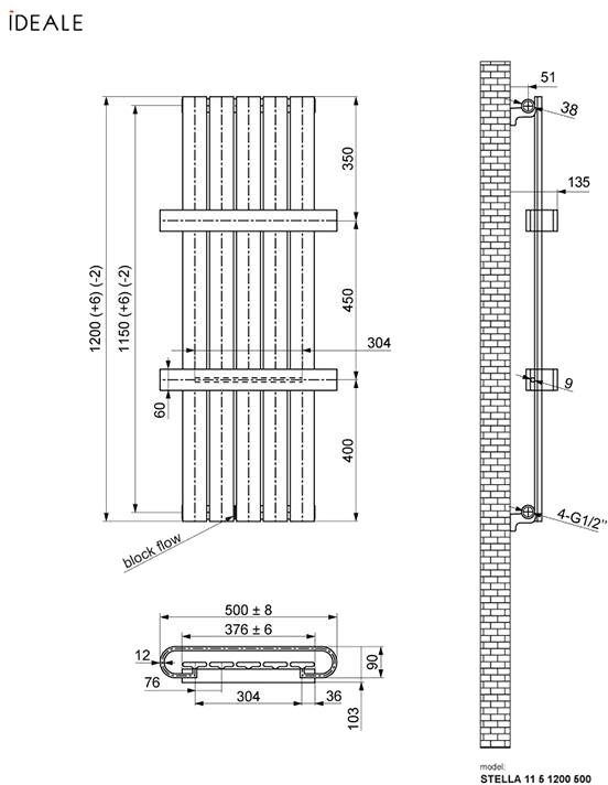 Ideale Stella 11 5/1200/500 антрацит Габаритные размеры