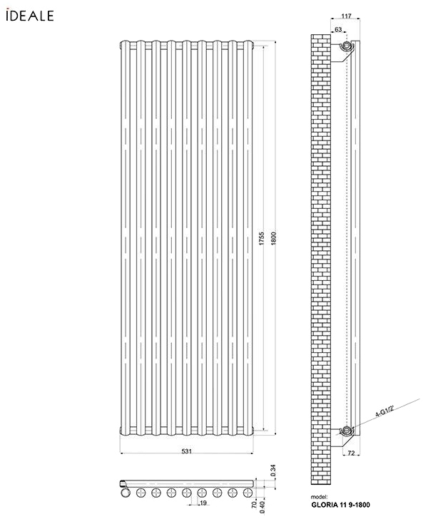 Ideale Gloria 11 9/1800/531 черный (боковое подключение) Габаритные размеры