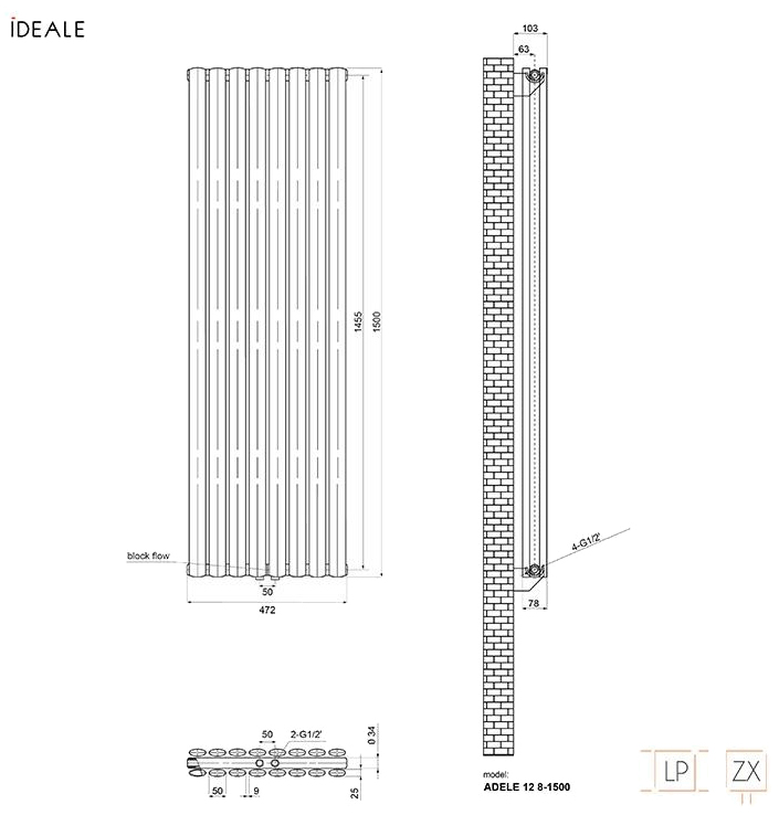 Ideale Adele 12 8/1500/472 антрацит Габаритные размеры