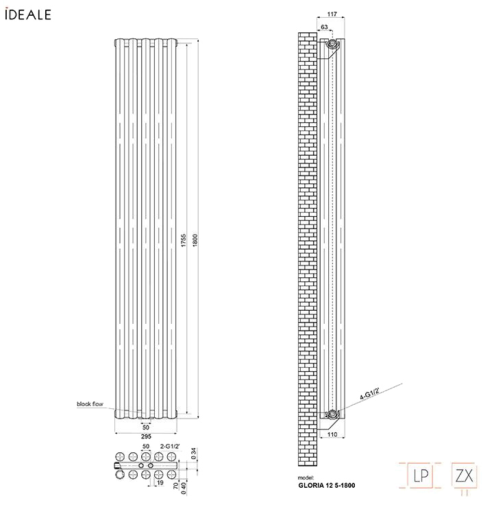 Ideale Gloria 12 5/1800/295 антрацит Габаритные размеры