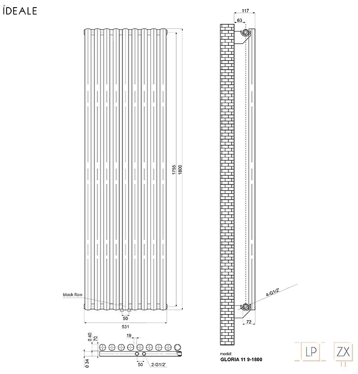 Ideale Gloria 11 9/1800/531 антрацит Габаритные размеры