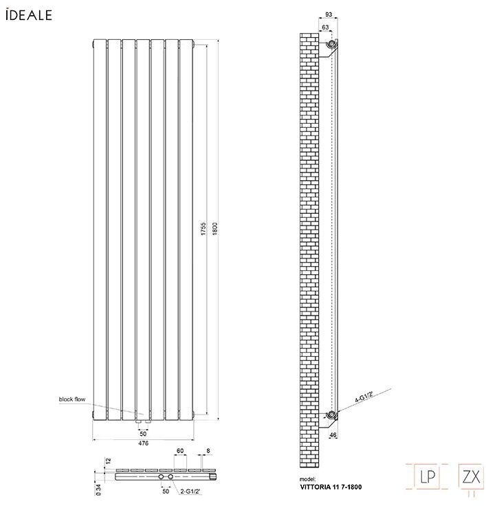 Ideale Vittoria 11 7/1800/476 антрацит Габаритные размеры