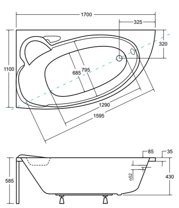 Besco Wenus Finezja Maxi 170x110 (WAF-170-NL) ліва Габаритні розміри