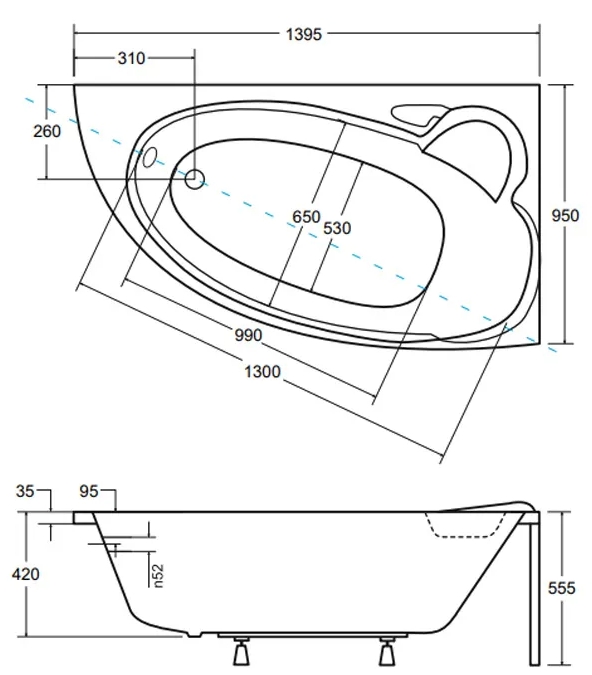 Besco Wenus Finezja 140x95 (WAF-140-NP) права Габаритні розміри