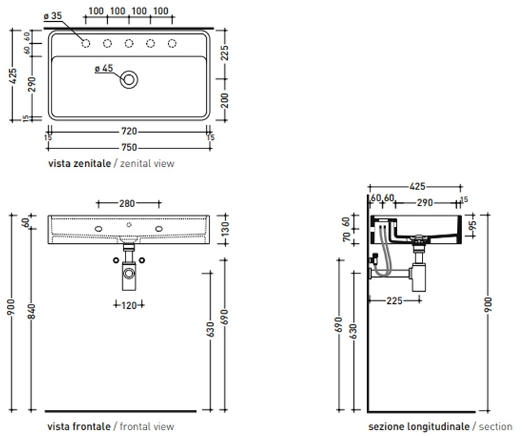 Flaminia Miniwash 75 Metal Platino (MW75SPLA) Габаритные размеры