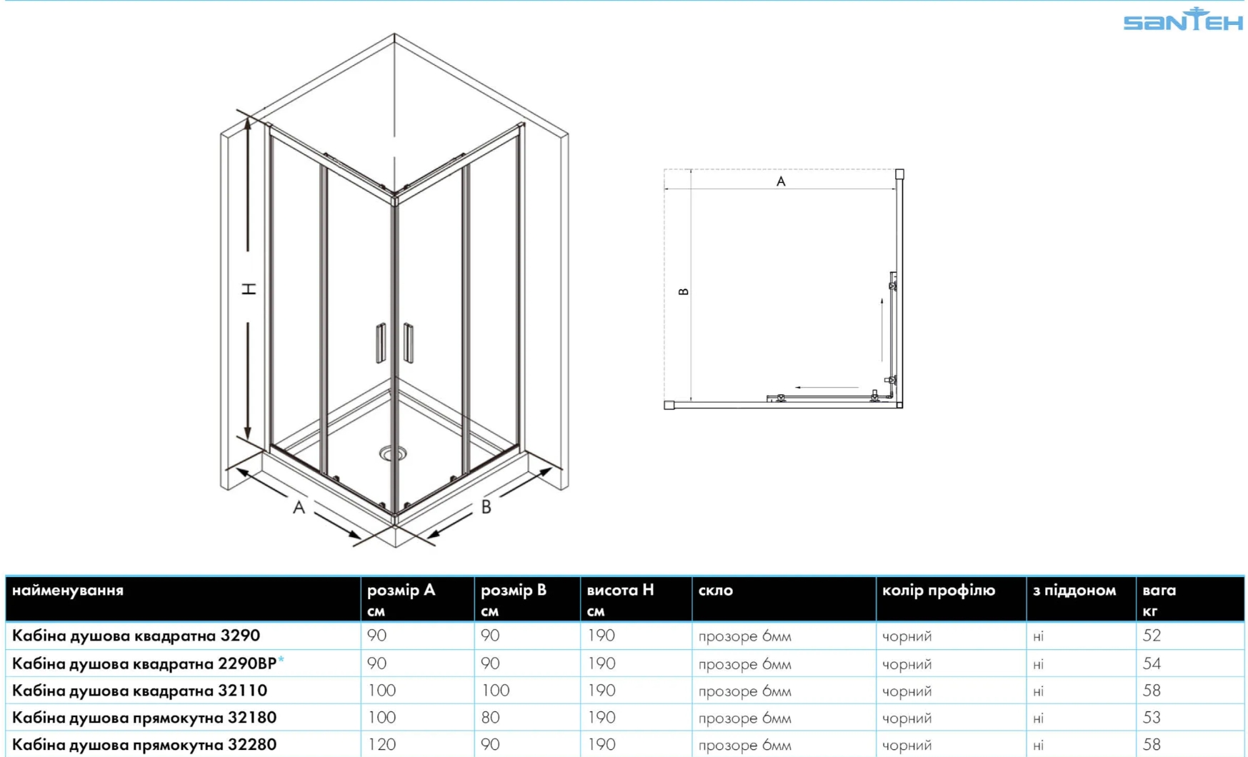 Santeh Serie 32, 120x80x190 (32280) Габаритні розміри