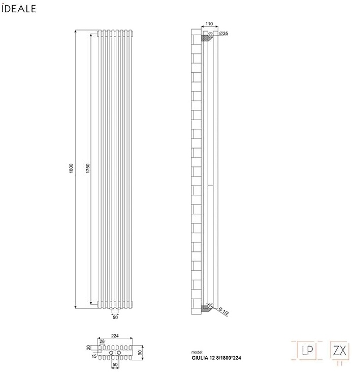 Ideale Giulia 12 8/1800/224 білий Габаритні розміри