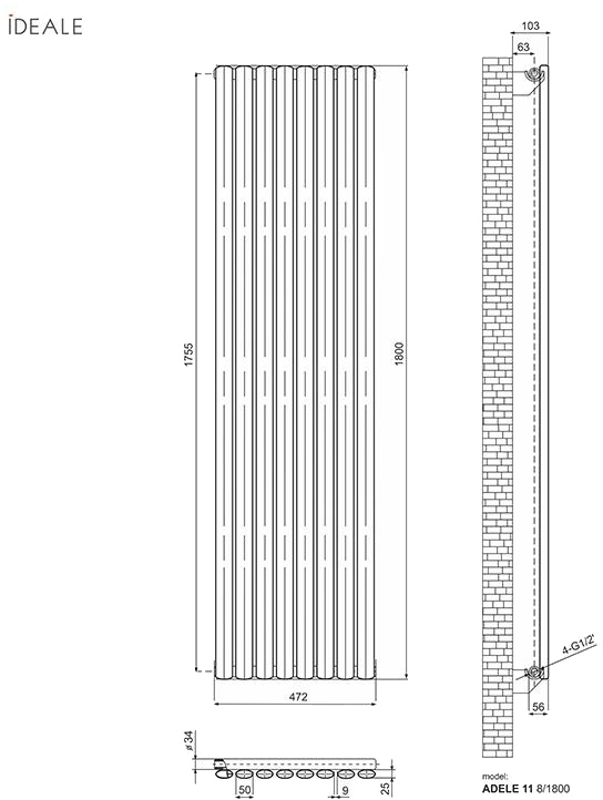 Ideale Adele 11 8/1800/472 антрацит (боковое подключение) Габаритные размеры