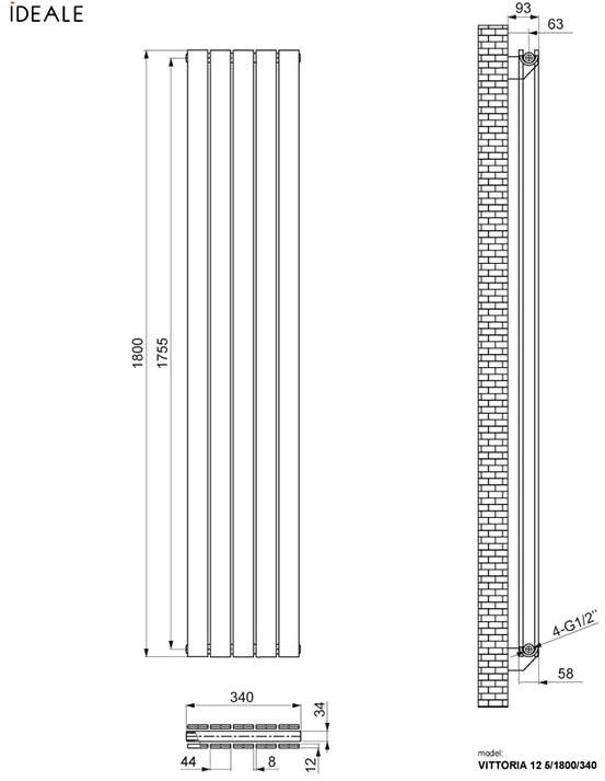 Ideale Vittoria 12 5/1800/340 черный (боковое подключение) Габаритные размеры