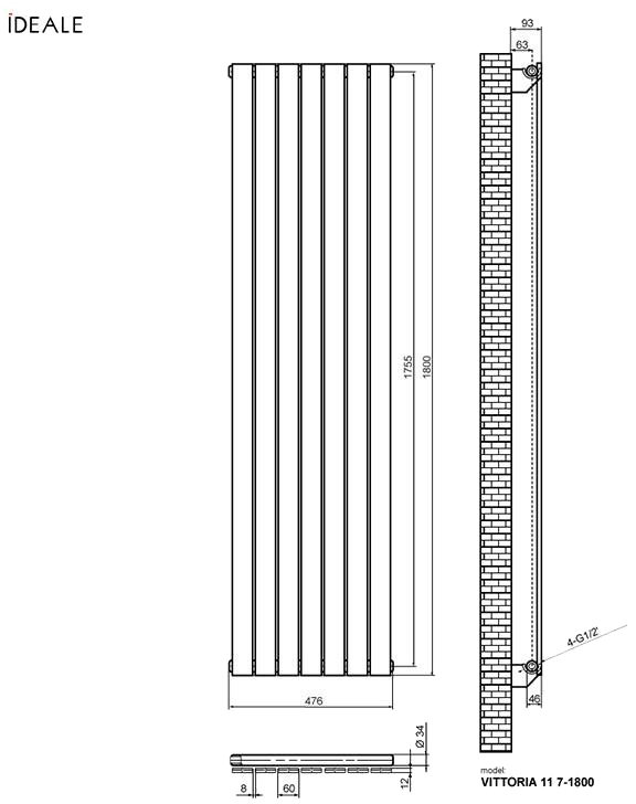 Ideale Vittoria 11 7/1800/476 черный (боковое подключение) Габаритные размеры